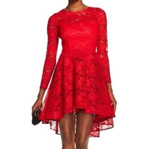 NWT ABS Hi-Low Red Lace Overlay Long Sleeve Dress